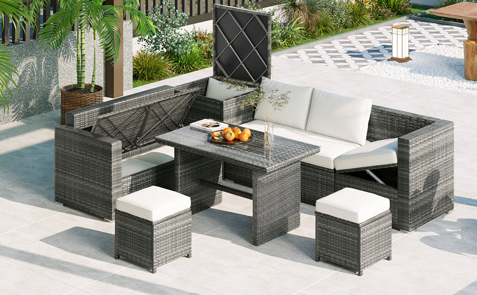 6-Piece All-Weather PE Rattan Sofa Set with Adjustable Seats & Storage