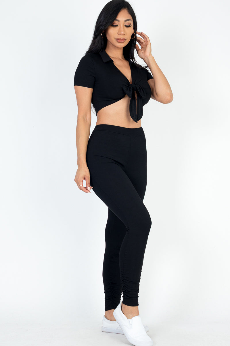 Ribbed Tie Front Crop Top & Ruched Hem Leggings Set (CAPELLA)