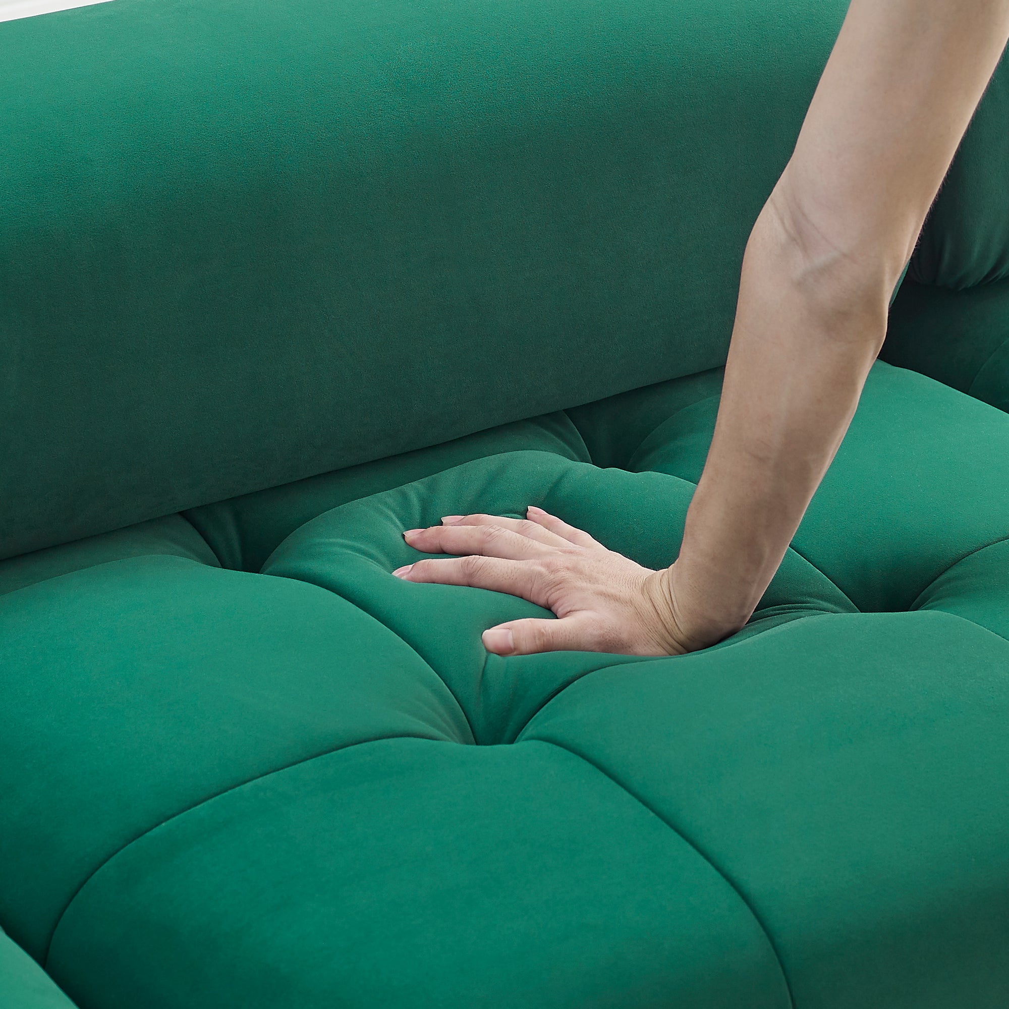 DIY L-Shaped Green Velvet Sofa, Button Tufted, Reversible Ottoman