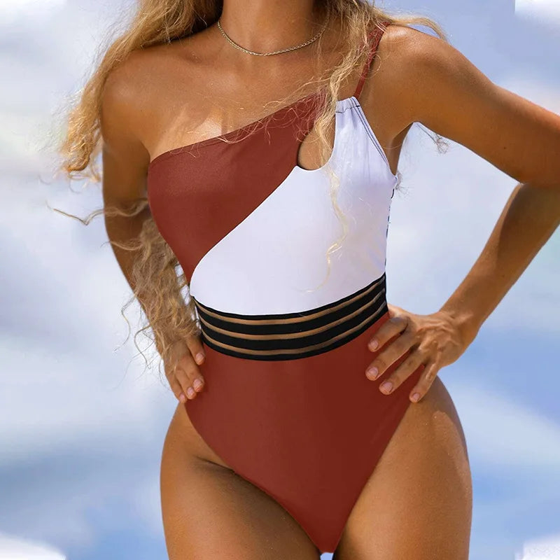 Elegant Mesh Stitch One-Piece Swimsuit: Chic & Flattering Swimwear