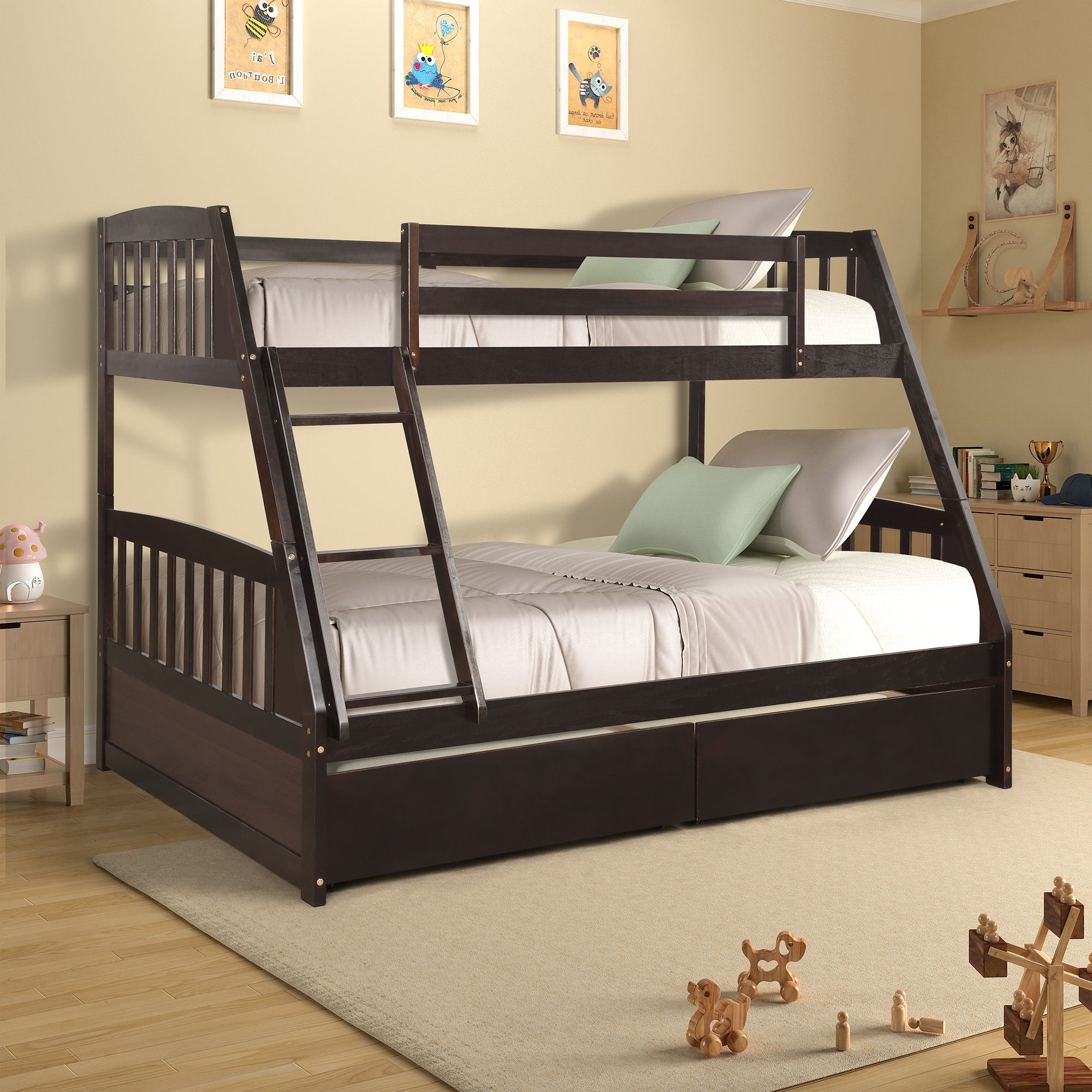 Espresso Solid Wood Twin Over Full Bunk Bed with 2 Storage Drawers