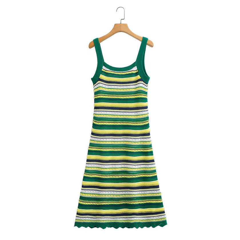 Women's Dress Traf Fashion Stripe Knitted Elegant Dresses For Women Summer Backless Thin Straps Midi Dress