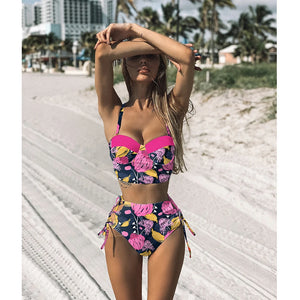 High Waist Push-Up Bandage Floral Bikini Set - Strappy Two-Piece Swimwear