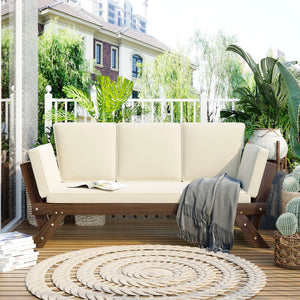 Adjustable Outdoor Wooden Daybed Sofa with Cushions, Brown & Beige