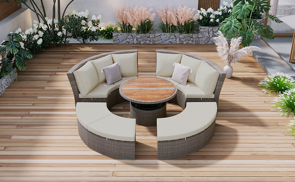 5-Piece Round Rattan Patio Sofa Set with Liftable Table & Washable Cushions