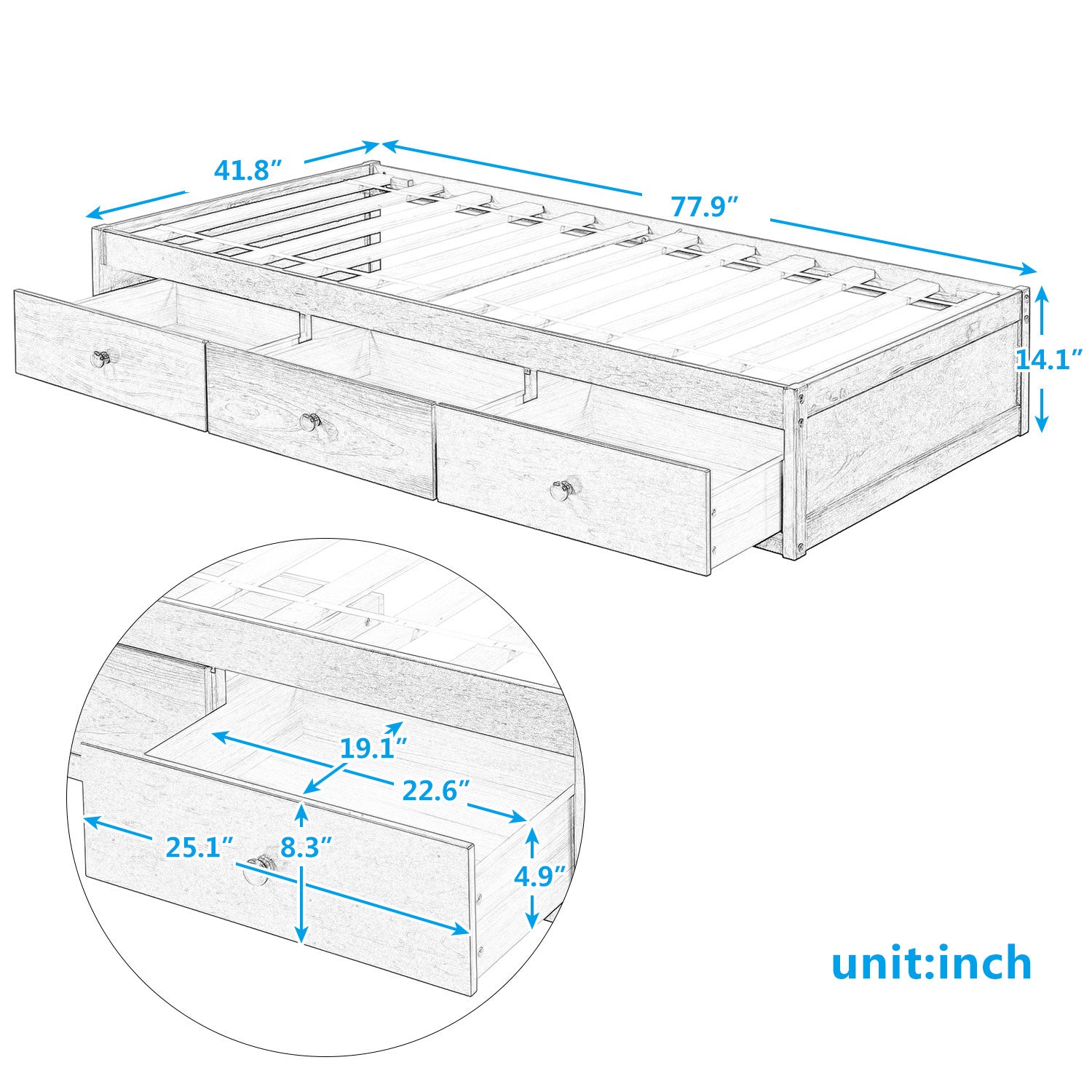 Twin Size Platform Storage Bed With 3 Drawers