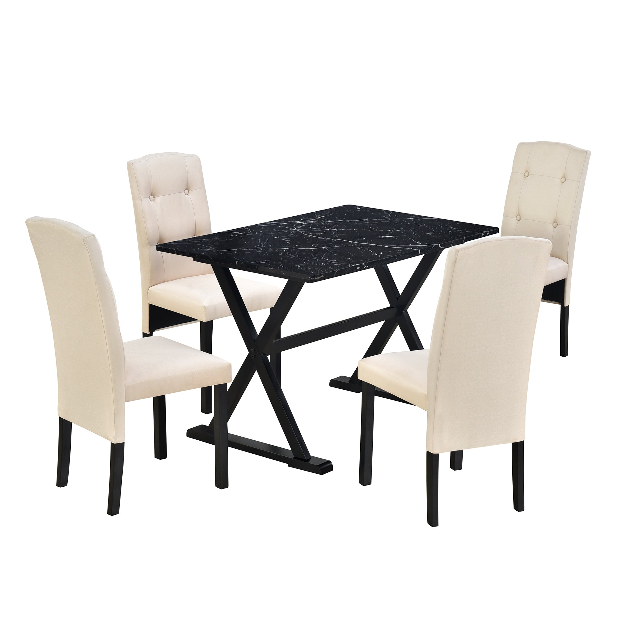 5-Piece Solid Wood Dining Set: Faux Marble Table & Upholstered Chairs