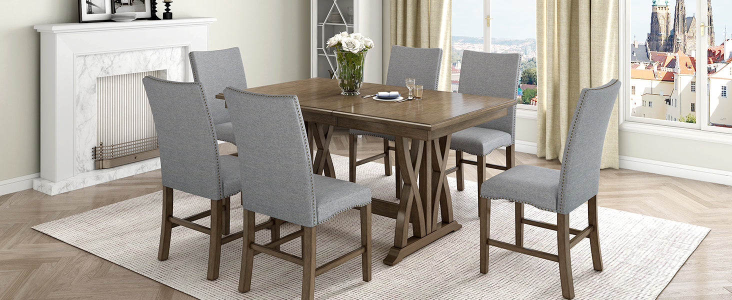 Mid-Century Solid Wood 7-Piece Extendable Dining Set for 6