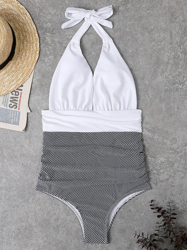 Maillot de bain une pièce pour femme – Monokini à col en V profond avec rayures