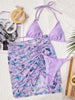 Purple Floral Push-Up Bikini Set with Skirt - Sexy High Waist Brazilian Swimsuit