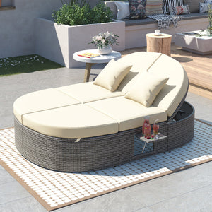 2-Person Rattan Daybed w/ Adjustable Back, Cushions & Pillows