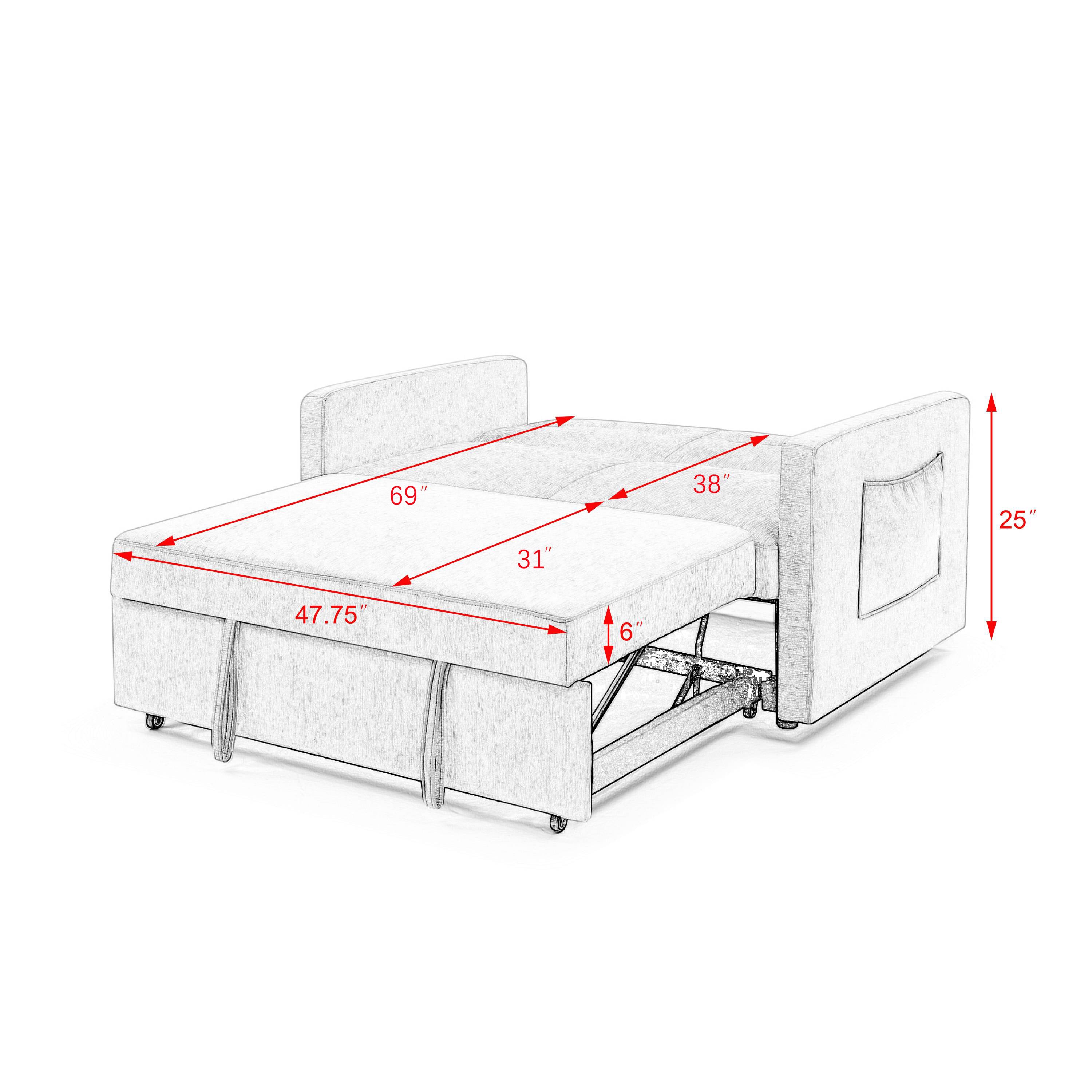 Grey Loveseat Sofa Bed with Pull-Out, Adjustable Back & Arm Pockets