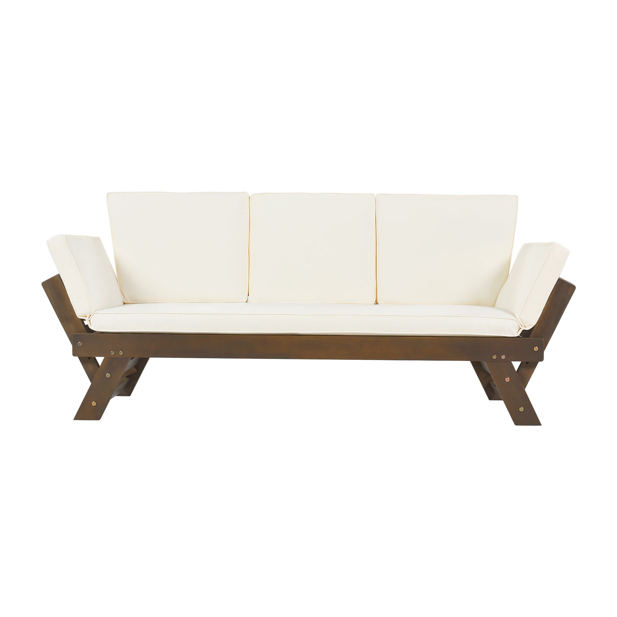 Adjustable Outdoor Wooden Daybed Sofa with Cushions, Brown & Beige