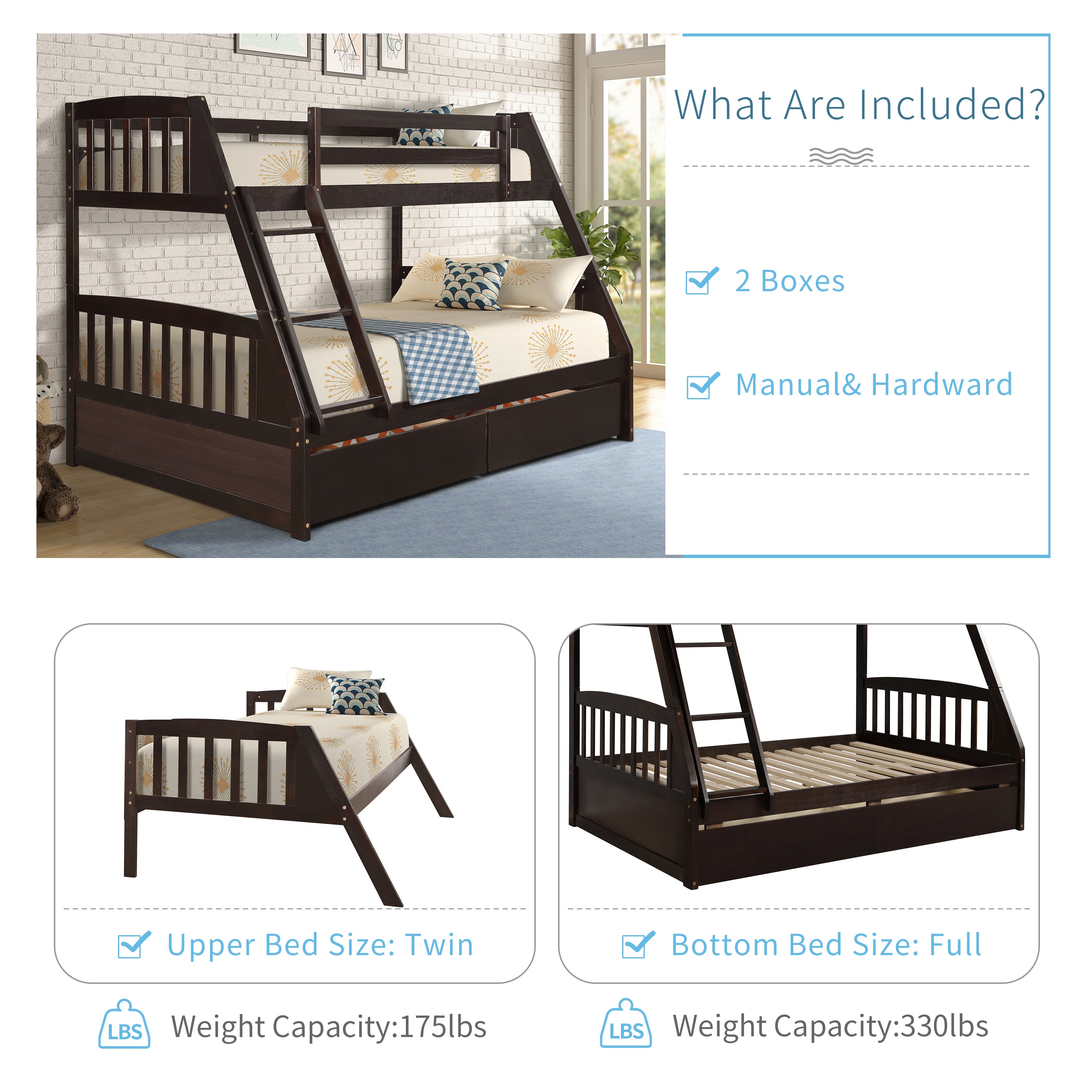 Espresso Solid Wood Twin Over Full Bunk Bed with 2 Storage Drawers