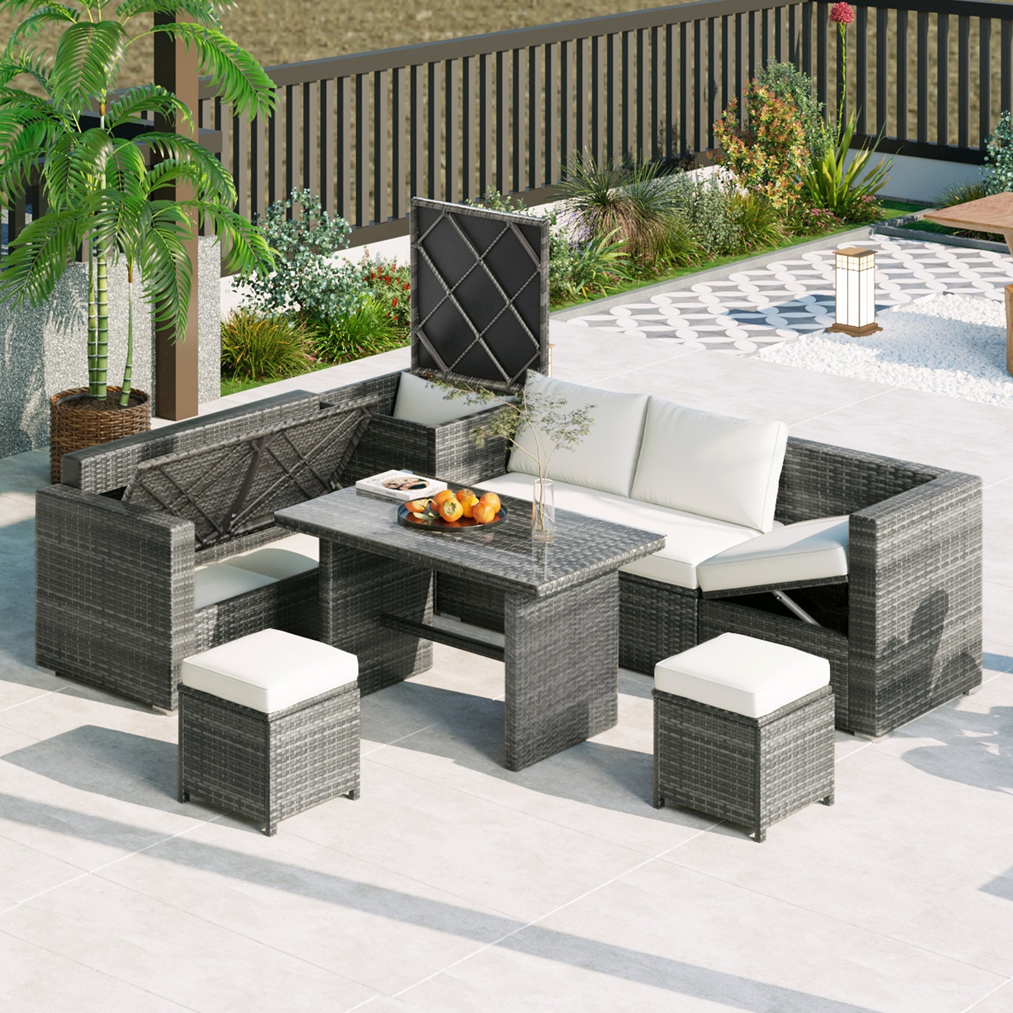 6-Piece All-Weather PE Rattan Sofa Set with Adjustable Seats & Storage