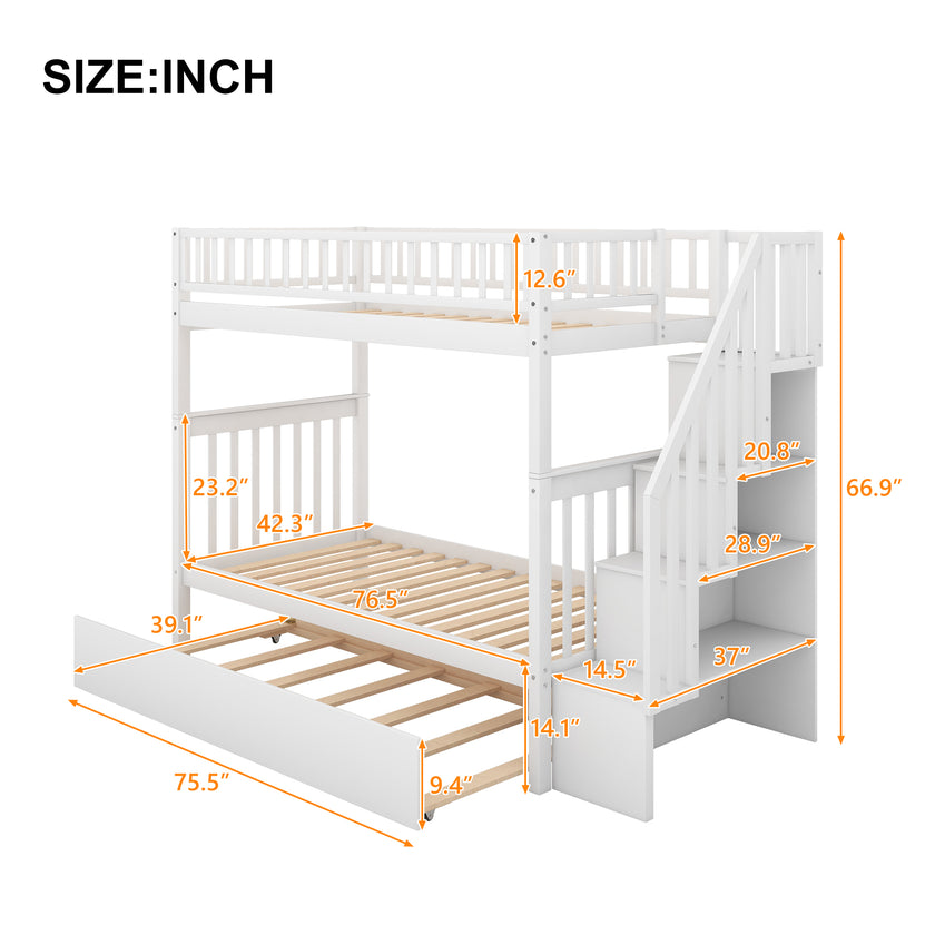 Twin over Twin Bunk Bed with Trundle and Storage  White