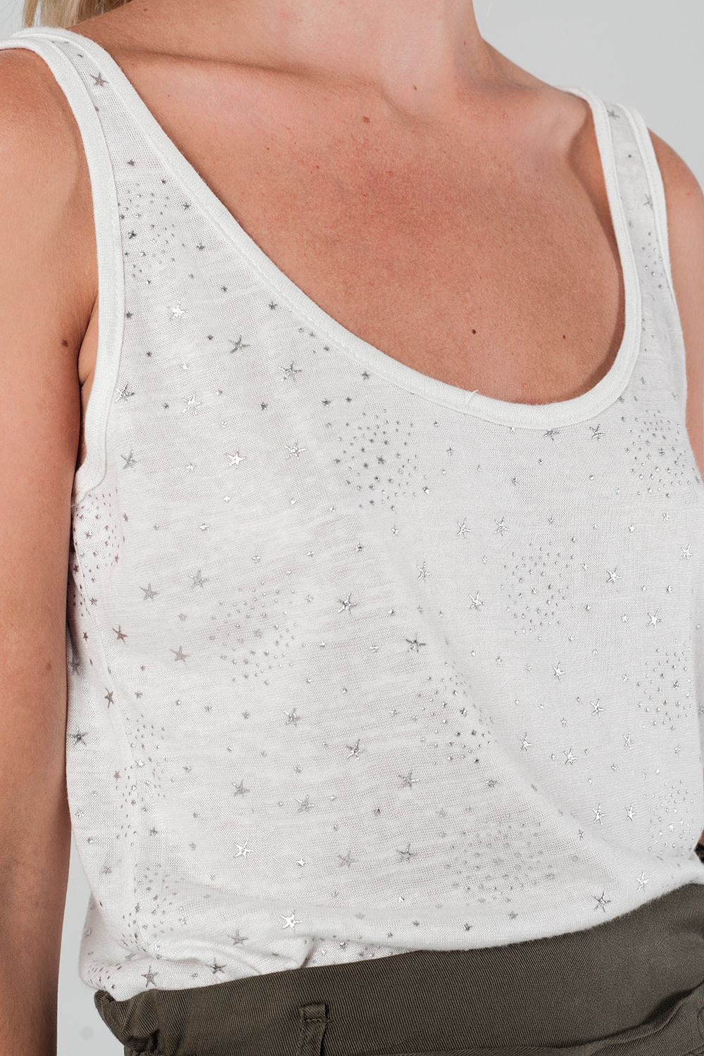 Top With Printed Silver Stars in White