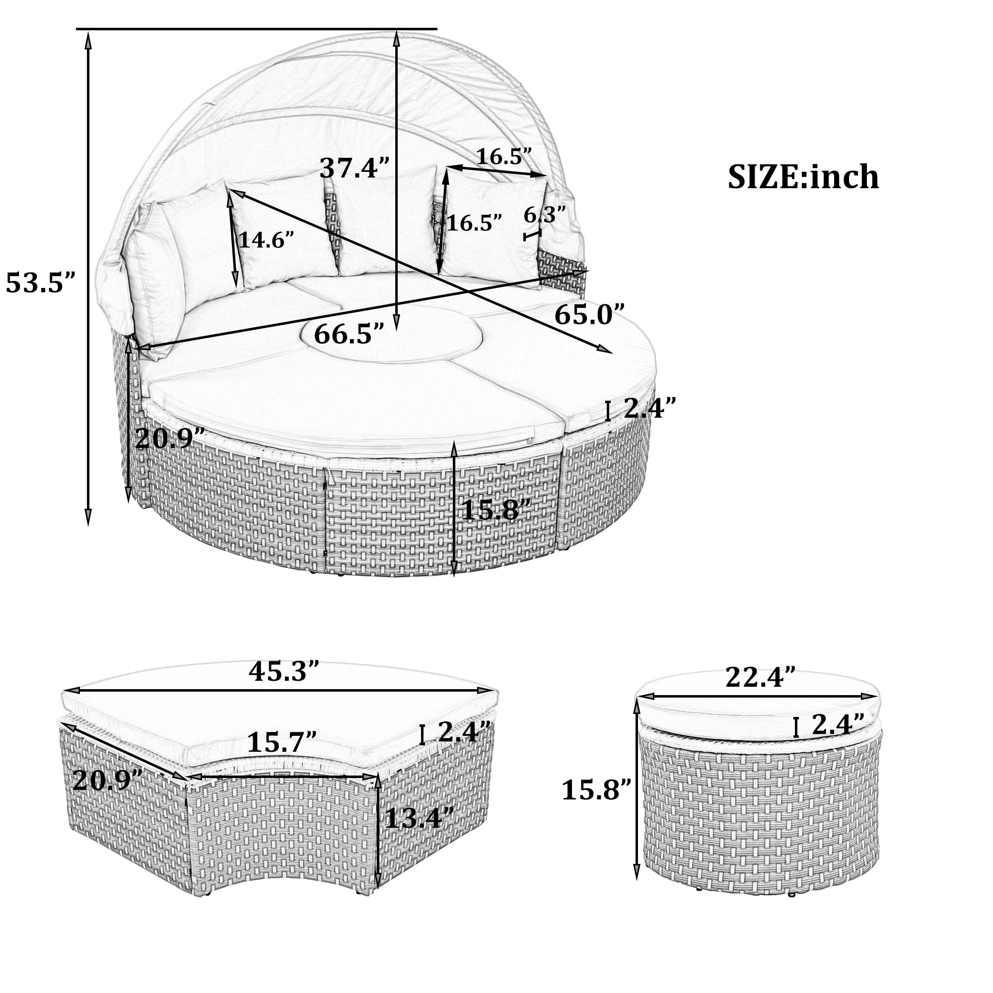 Two-Tone Rattan Outdoor Sectional Sofa Set with Retractable Canopy