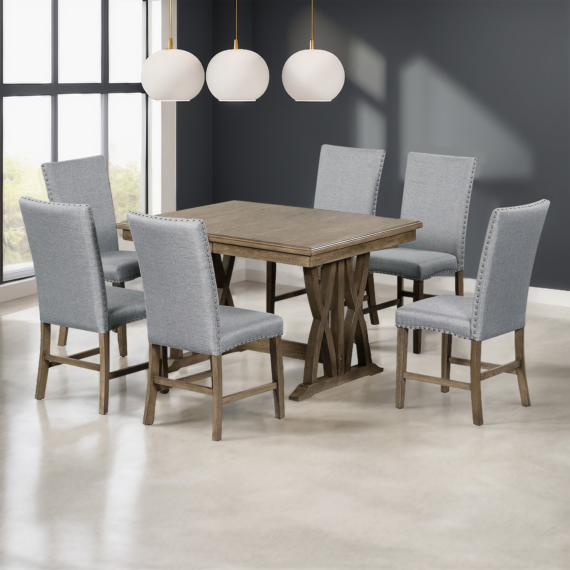 Mid-Century Solid Wood 7-Piece Extendable Dining Set for 6