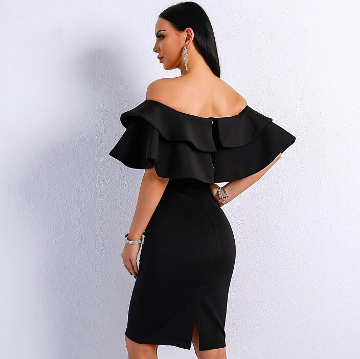 Women Sexy Off Shoulder Slash Neck Ruffles Backless Dresses Female Split Elegant Solid Color Dress