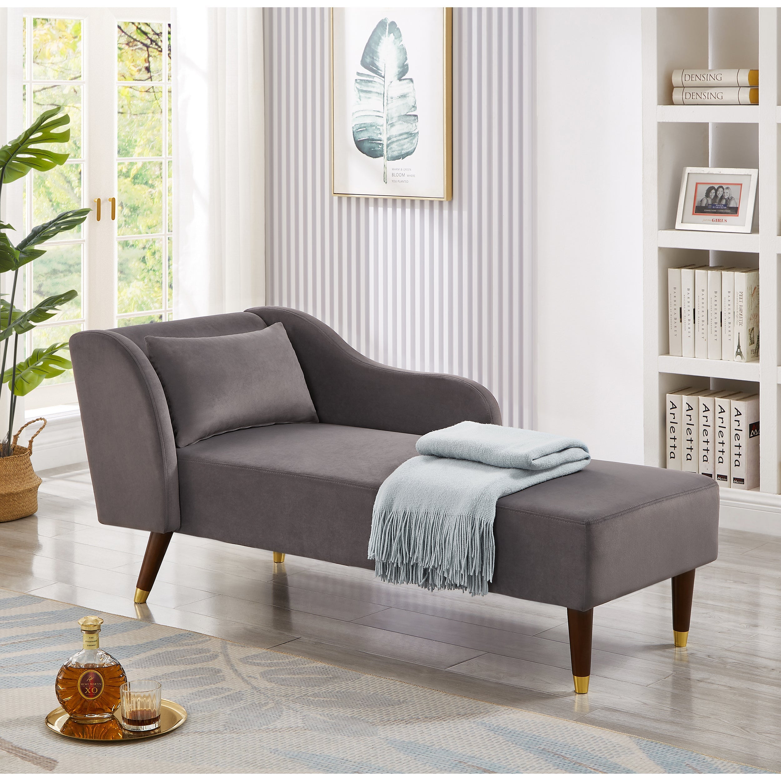 Grey Velvet Modern Chaise Lounge Chair with Plush Upholstery