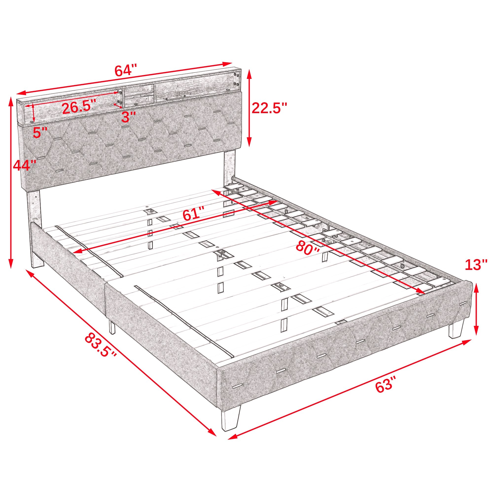 Queen Bed Frame with Upholstered Headboard, USB Ports, Wood Legs