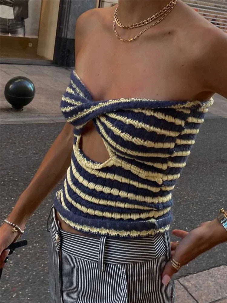 Tossy Off Shoulder Knit Tube Top - Sexy, Strapless, Backless, and Striped!