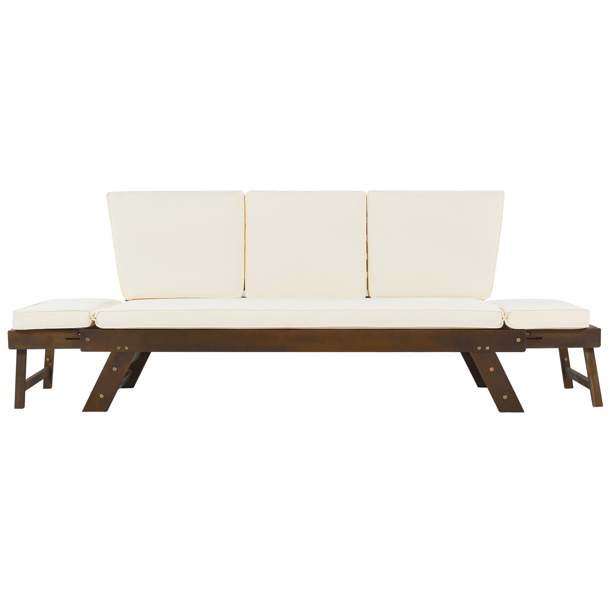 Adjustable Outdoor Wooden Daybed Sofa with Cushions, Brown & Beige