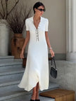 Elegant Tossy White Knit Maxi Dress - Short Sleeve, Patchwork, Lapel, High Waist