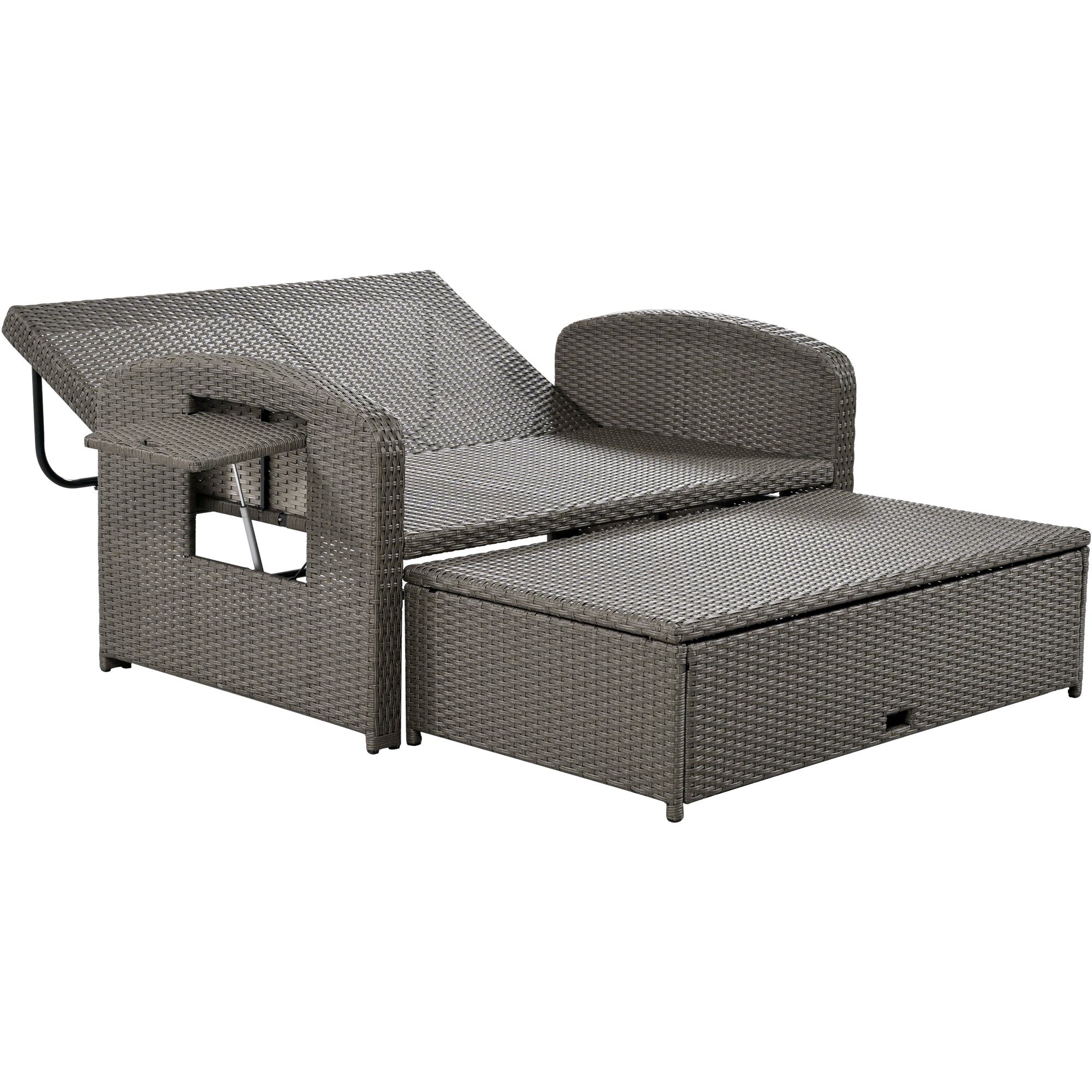 PE Wicker Rattan Double Chaise Lounge, Adjustable Reclining Daybed