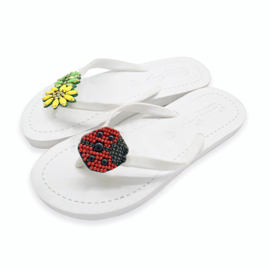 Ladybug & Daisy - Red and Yellow Motifs Flat Flip Flops