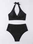 Ensemble de maillot de bain bikini taille haute noir uni pour femmes