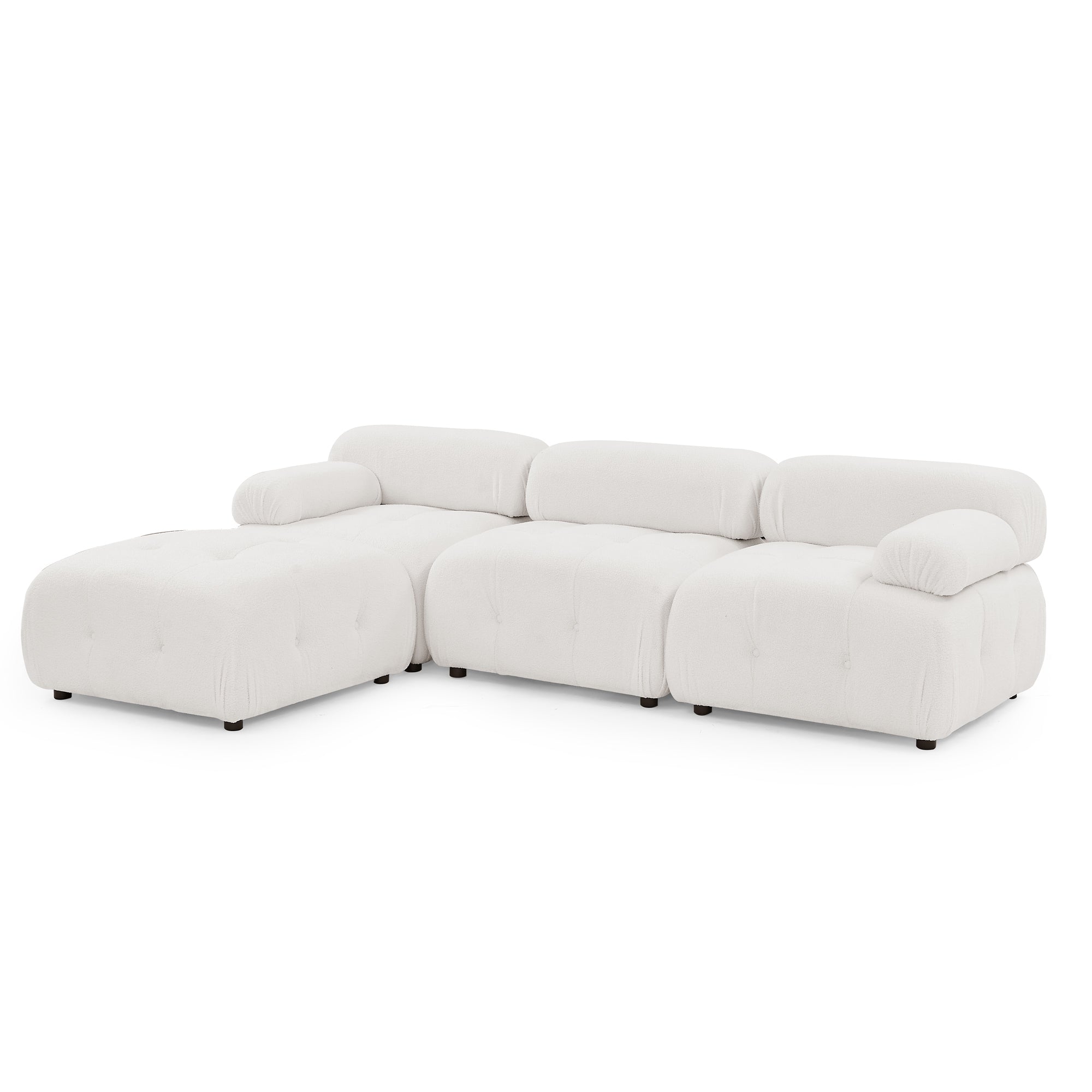 Modular L-Shaped Sofa with Ottoman, Button Tufted, Ivory Teddy Fabric