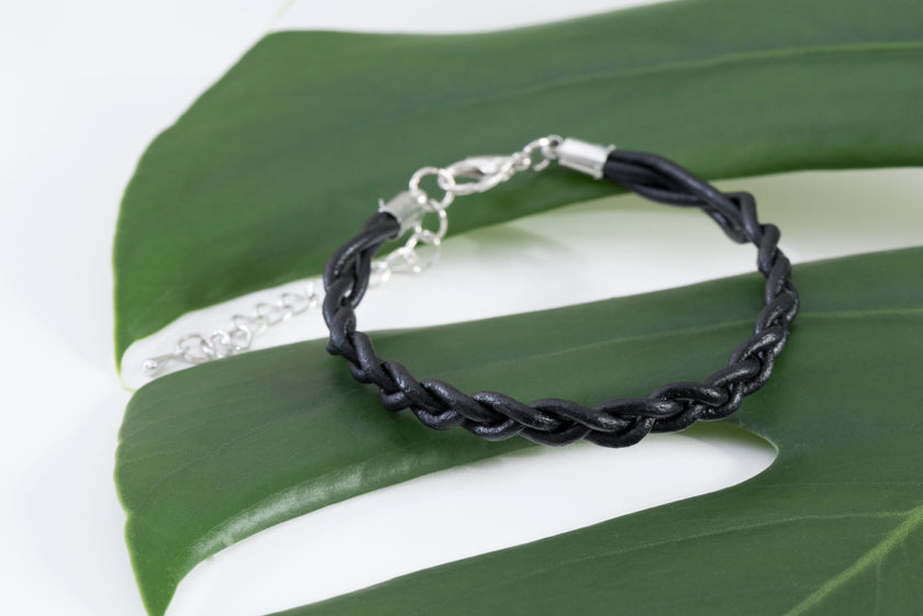 Black Thin Braided Leather Bracelet