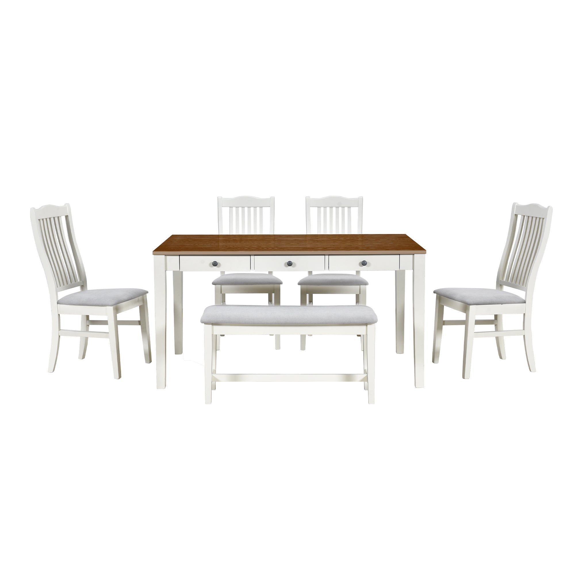 Mid-Century 6-Piece Wood Dining Set with Drawer, Upholstered Chairs