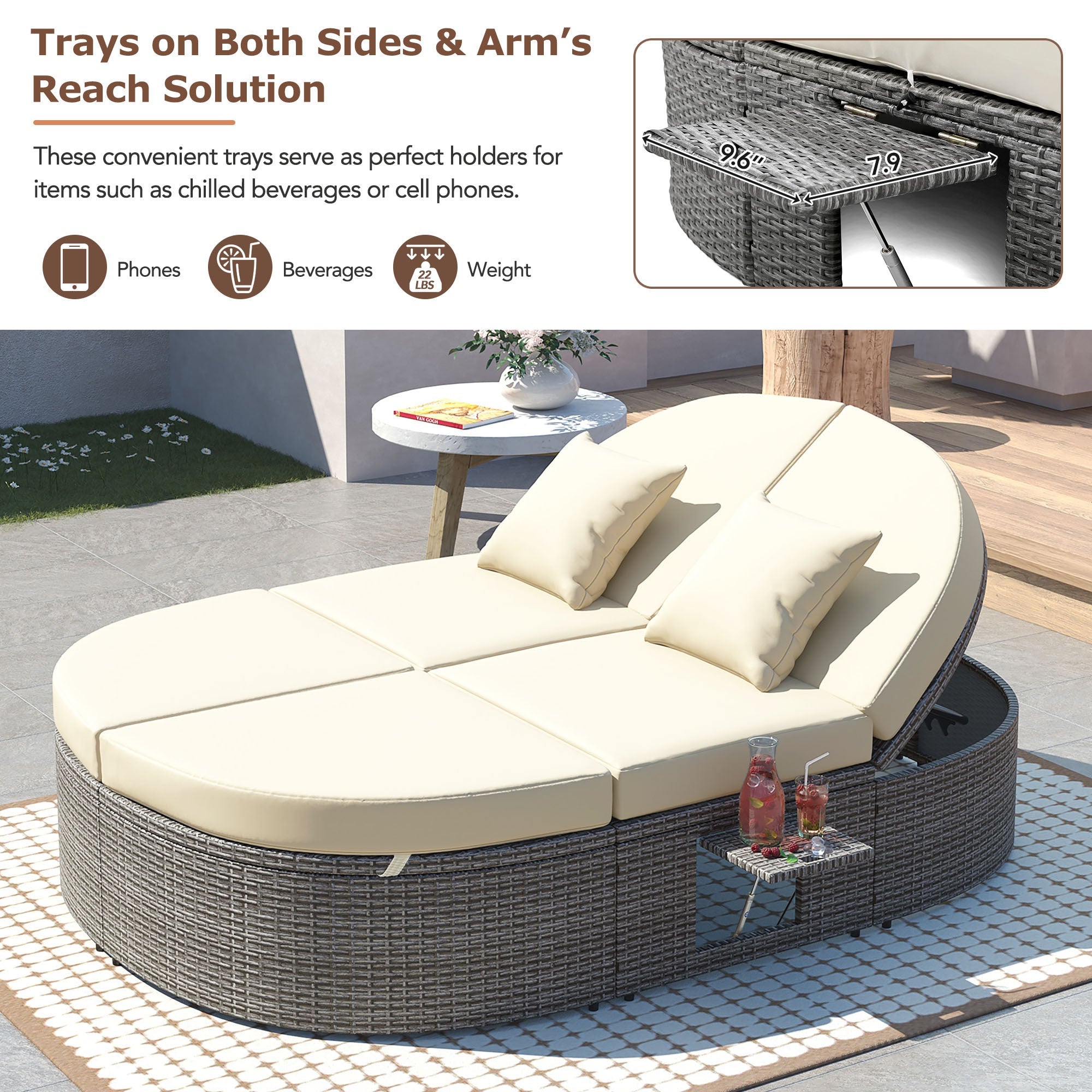 2-Person Rattan Daybed w/ Adjustable Back, Cushions & Pillows