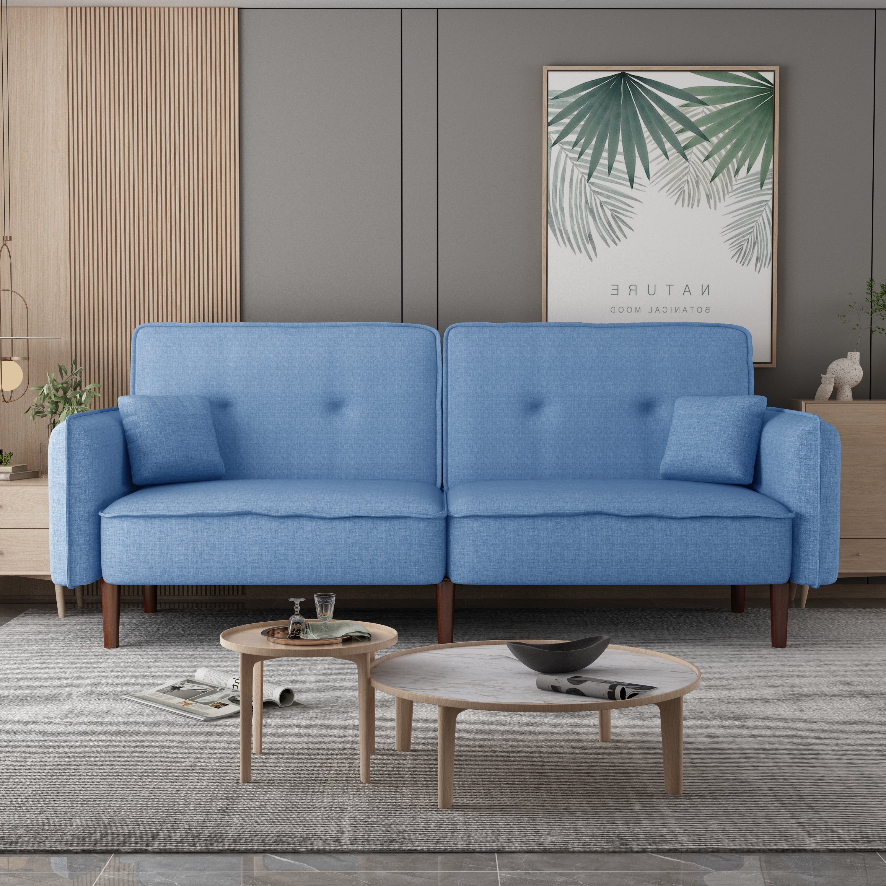 Blue Fabric Futon Sofa Bed with Solid Wood Legs for Living & Bedroom