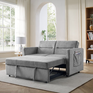 Grey Loveseat Sofa Bed with Pull-Out, Adjustable Back & Arm Pockets