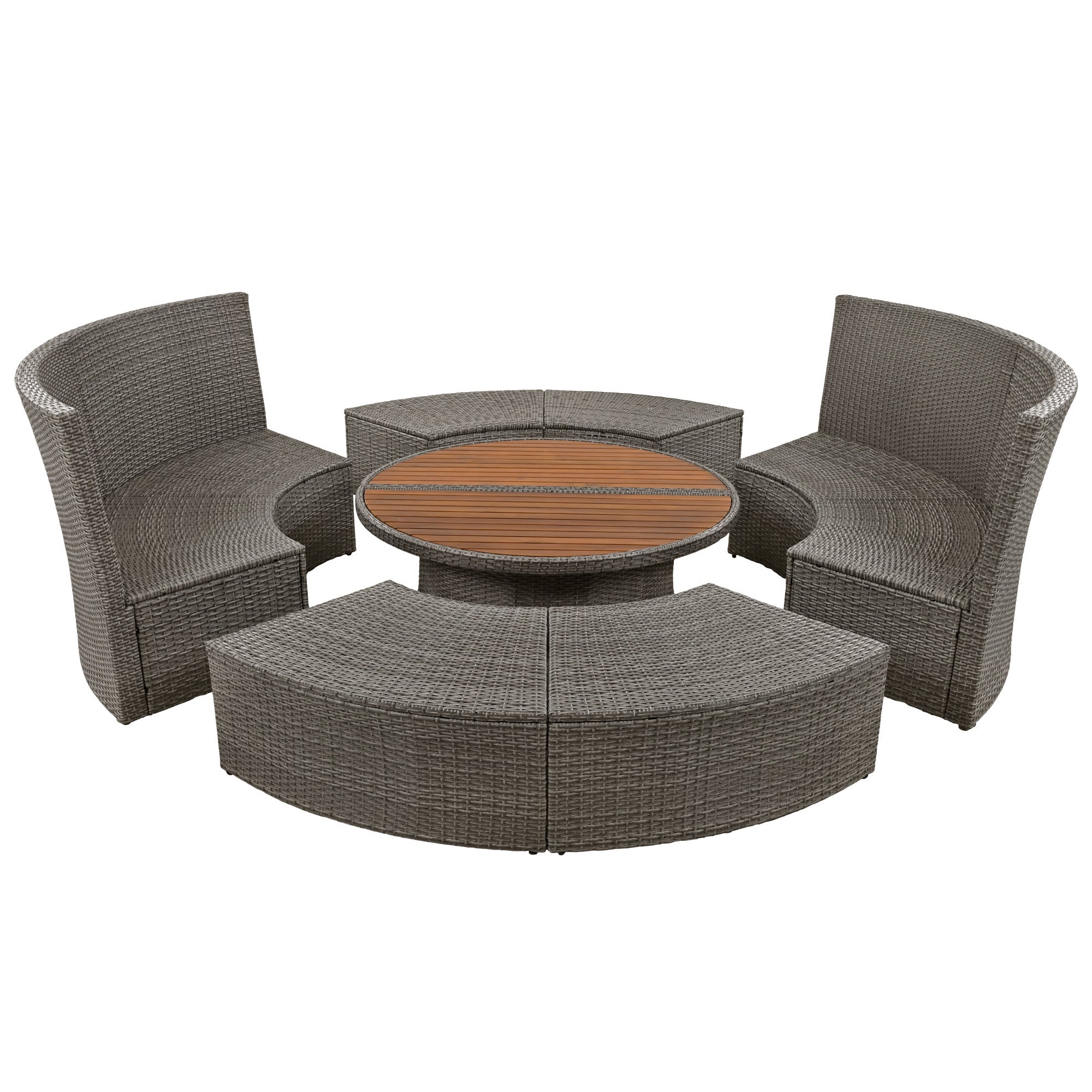 5-Piece Round Rattan Patio Sofa Set with Liftable Table & Washable Cushions