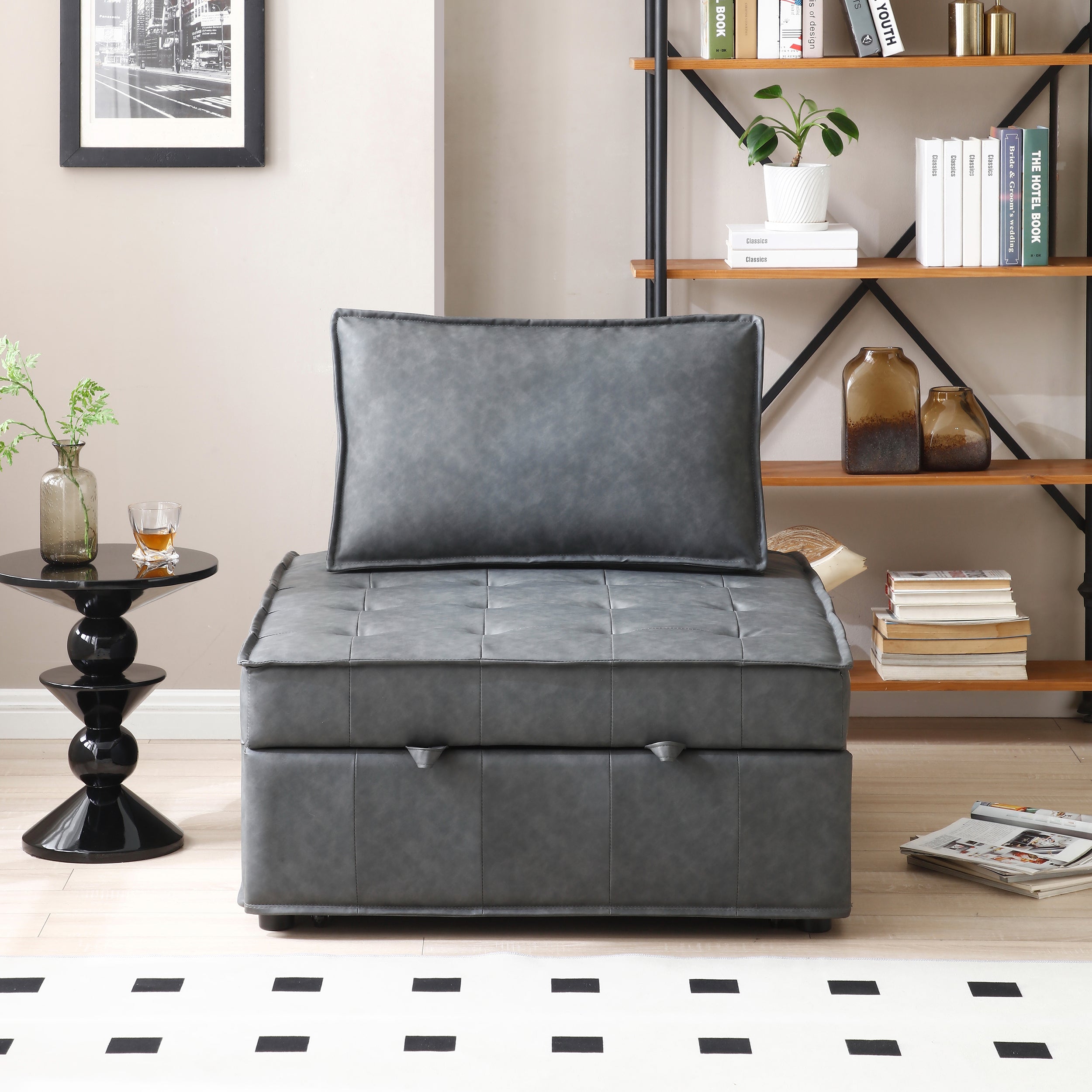 Dark Grey Multipurpose Faux Leather Ottoman Sofa Bed & Lazy Chair