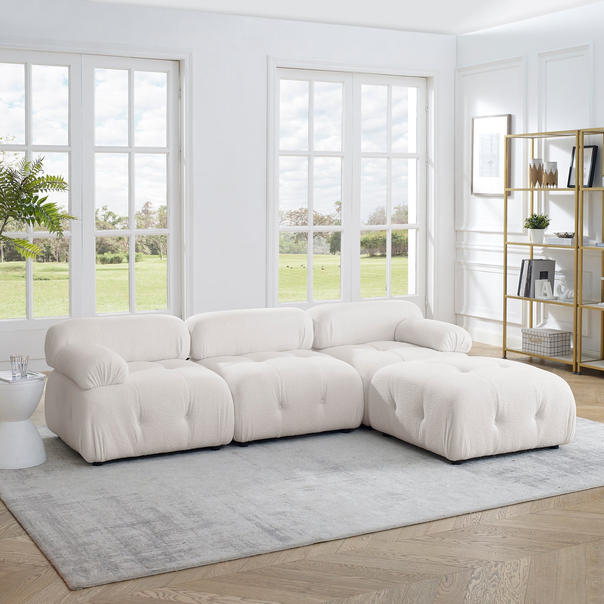 Modular L-Shaped Sofa with Ottoman, Button Tufted, Ivory Teddy Fabric