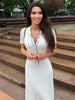 Elegant Tossy White Knit Maxi Dress - Short Sleeve, Patchwork, Lapel, High Waist