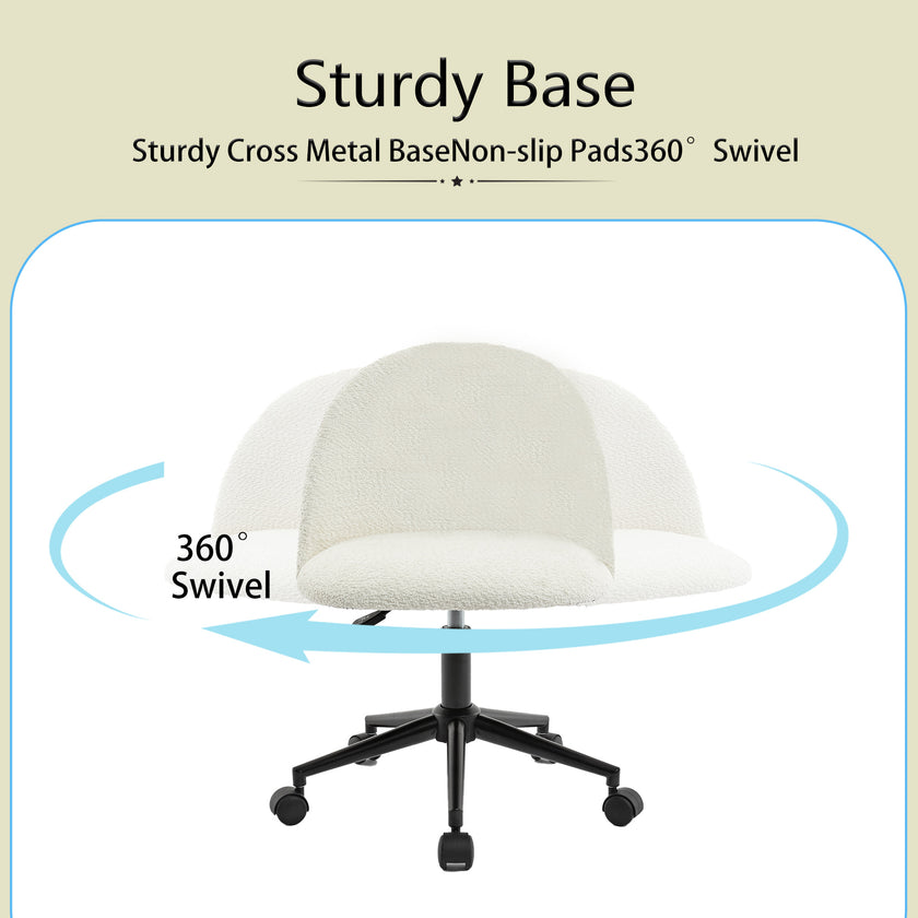 Velvet fabric office chair, mid back adjustable rotating computer chair, black legs, cushioned office chair with wheels ，White