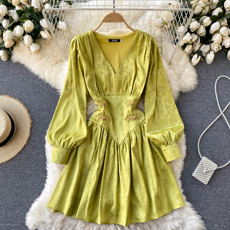 Vintage Elegant Summer Dress New V Neck High Waist Party Night Dresses