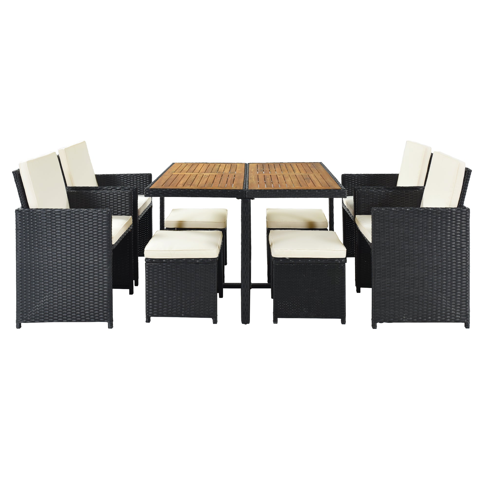 All-Weather 9-Piece Patio Dining Set, Wood Top, Black Wicker & Beige Cushions