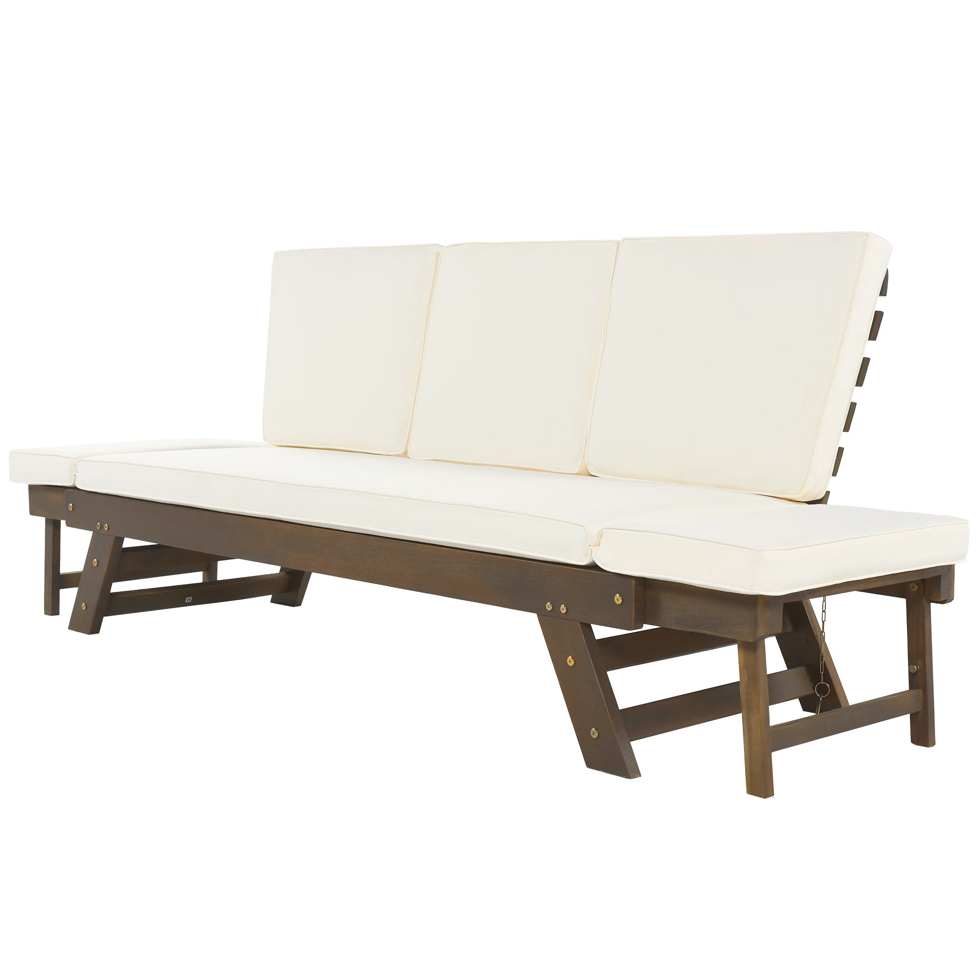 Adjustable Outdoor Wooden Daybed Sofa with Cushions, Brown & Beige