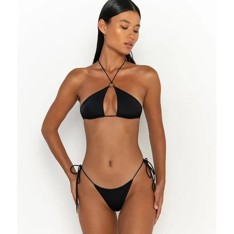 Ensemble bikini push-up : maillot de bain de couleur unie, vêtements de plage sexy