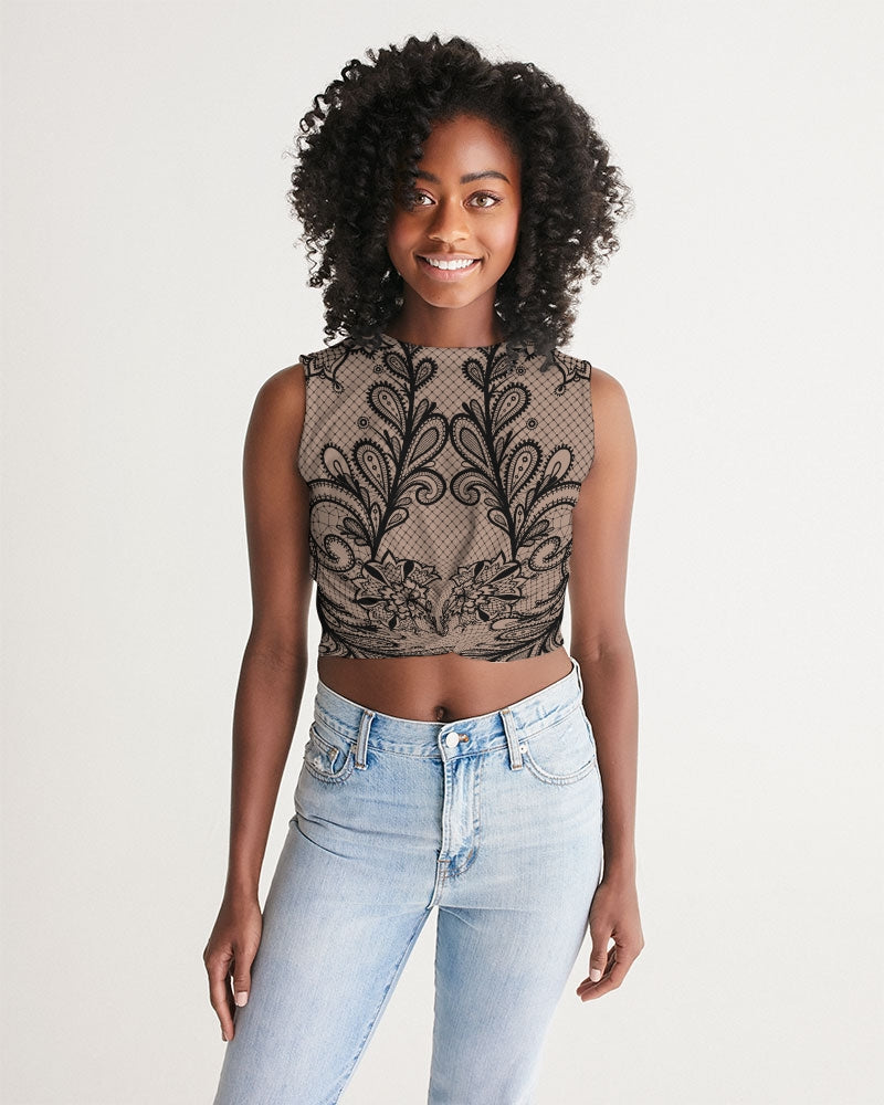 Black & Nude Lace Twist-Front Crop Tank