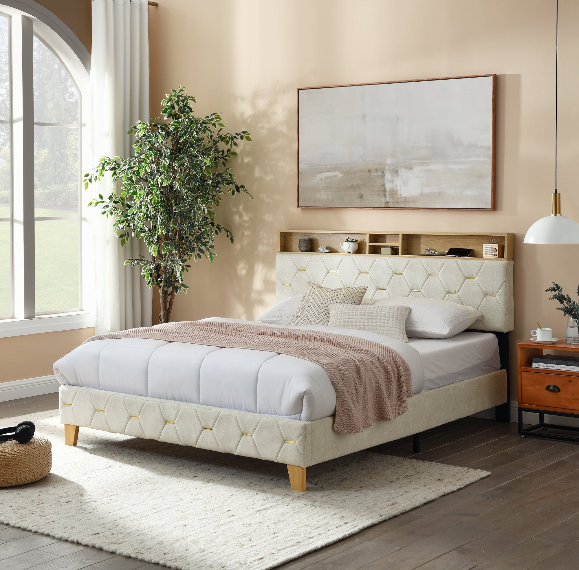 Queen Bed Frame with Upholstered Headboard, USB Ports, Wood Legs