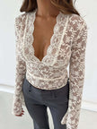 Lace V-Neck See-Through Slim Long Sleeve Women's Top Pullover